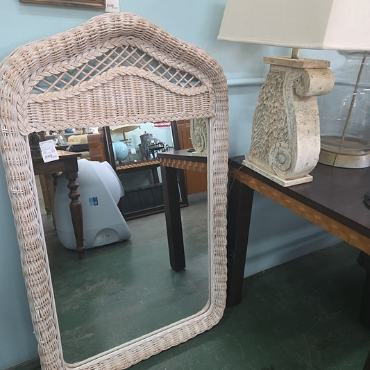 white framed wicker mirror