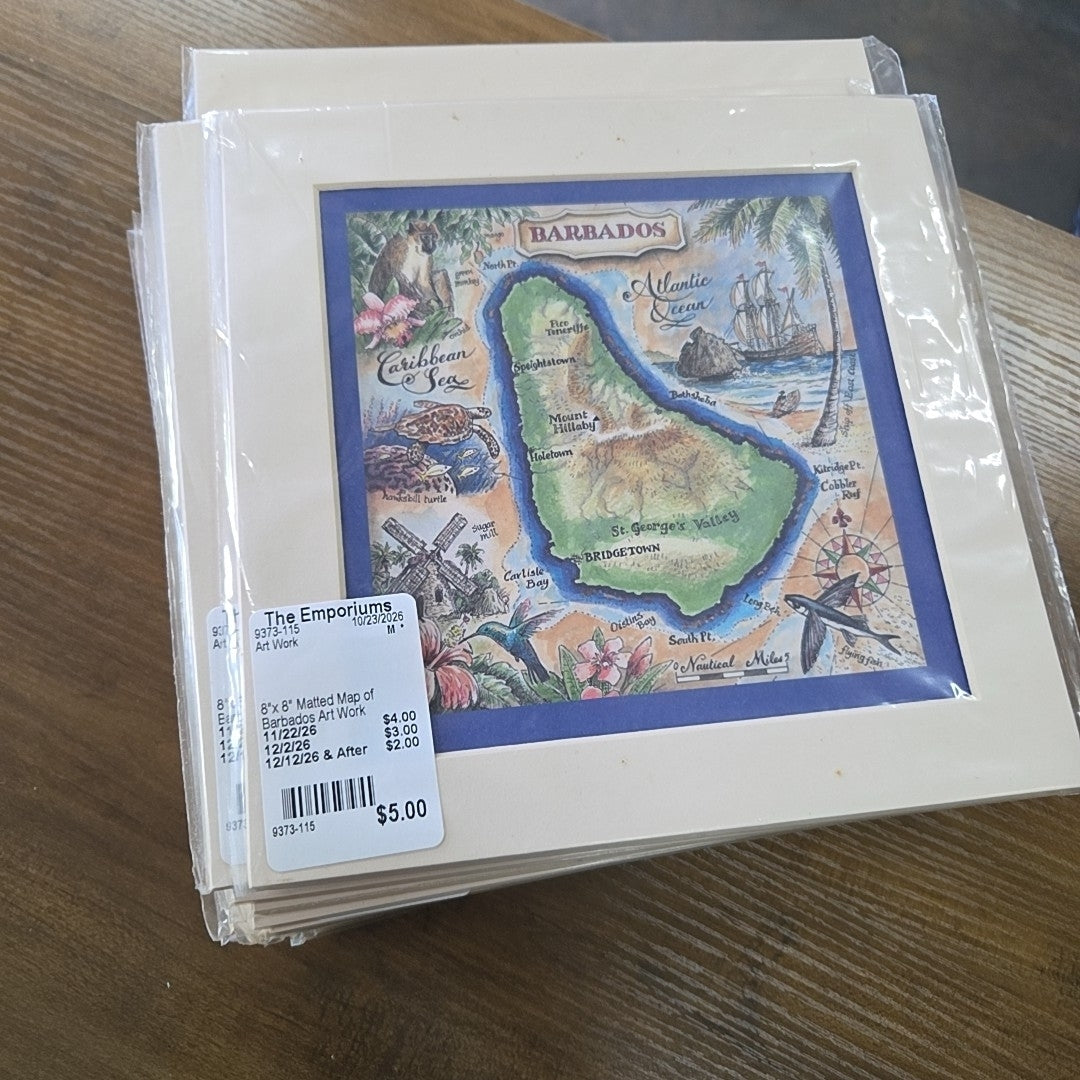 8"x 8" Matted Map of Barbados Art Work