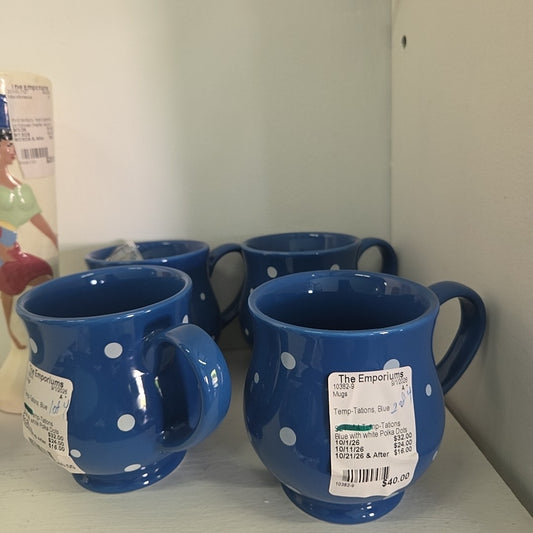 SET of 4 Temp-Tations Blue with white Polka Dots  Mugs